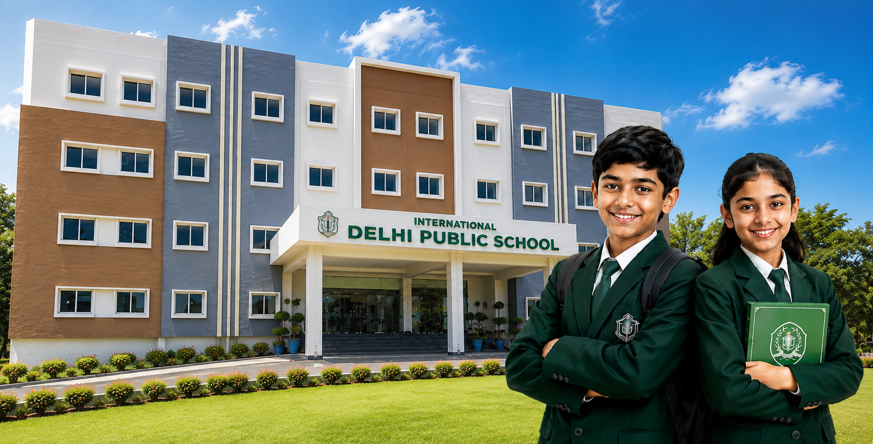 IDPS students standing in front of the school building