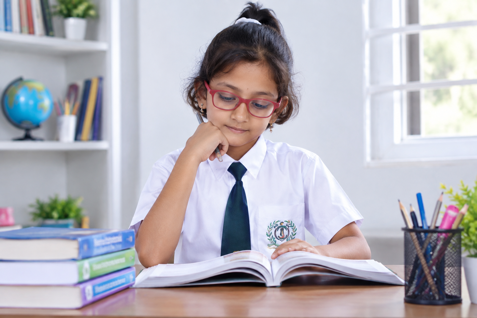 IDPS student engaged in focused reading, reflecting our mission of purposeful learning